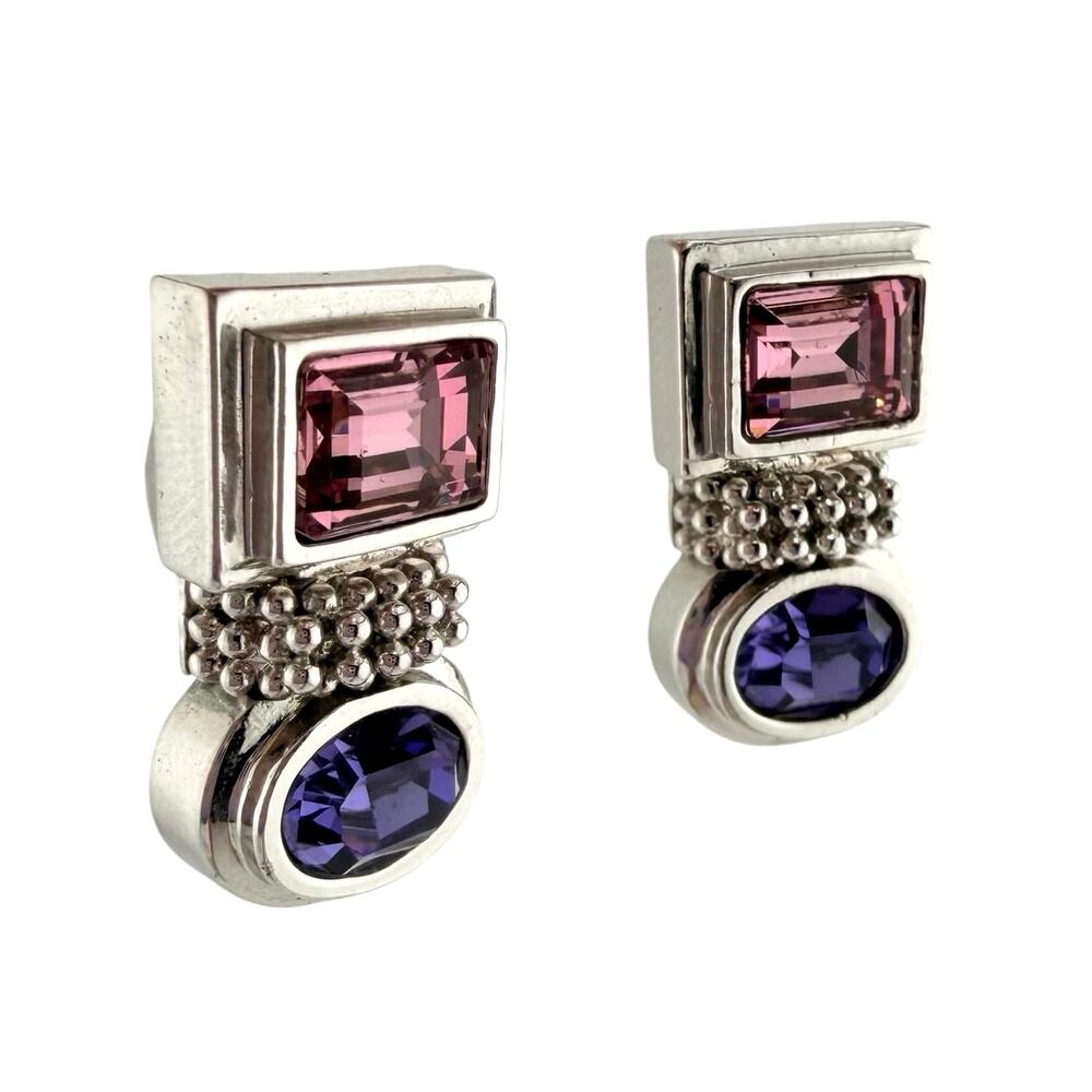 Vintage John Candice Modernist Austrian Crystal Silver Tone .75" Earrings